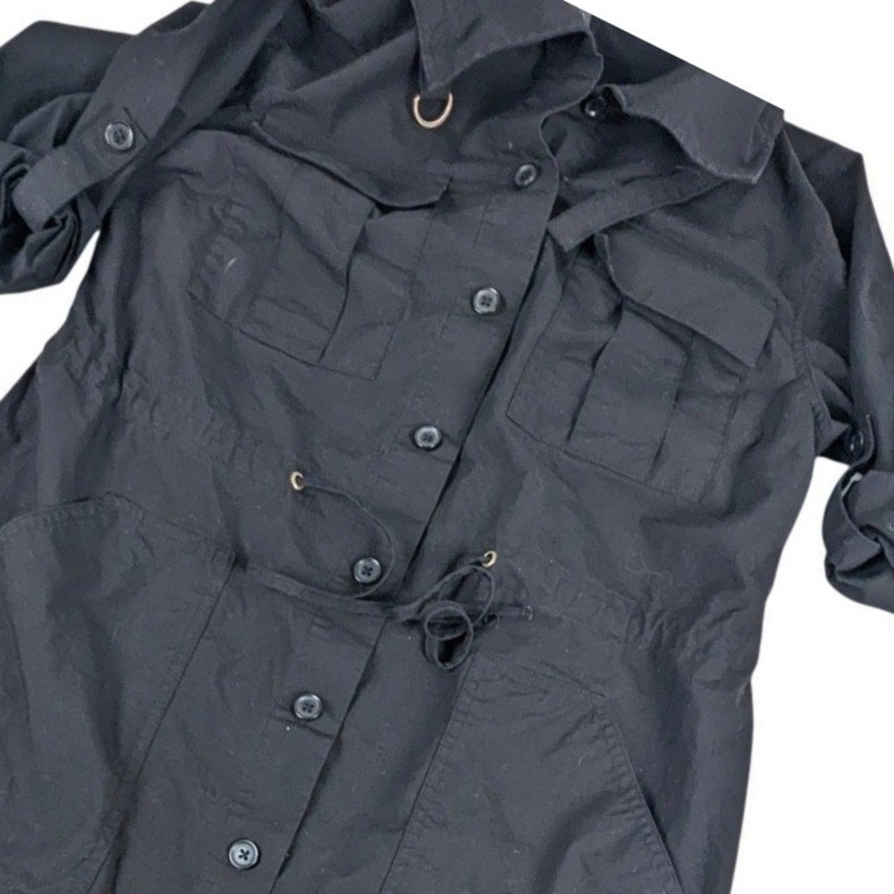 Banana Republic Womens Black Cotton Safari Shirt Dress XS Utility Roll Tab Midi